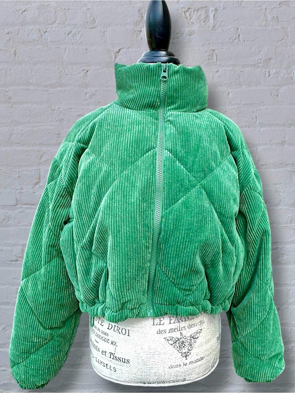 Love Tree Kelly Green Corduroy Cropped Puffer Jacket L Quilted Streetwear Coat - Picture 10 of 15